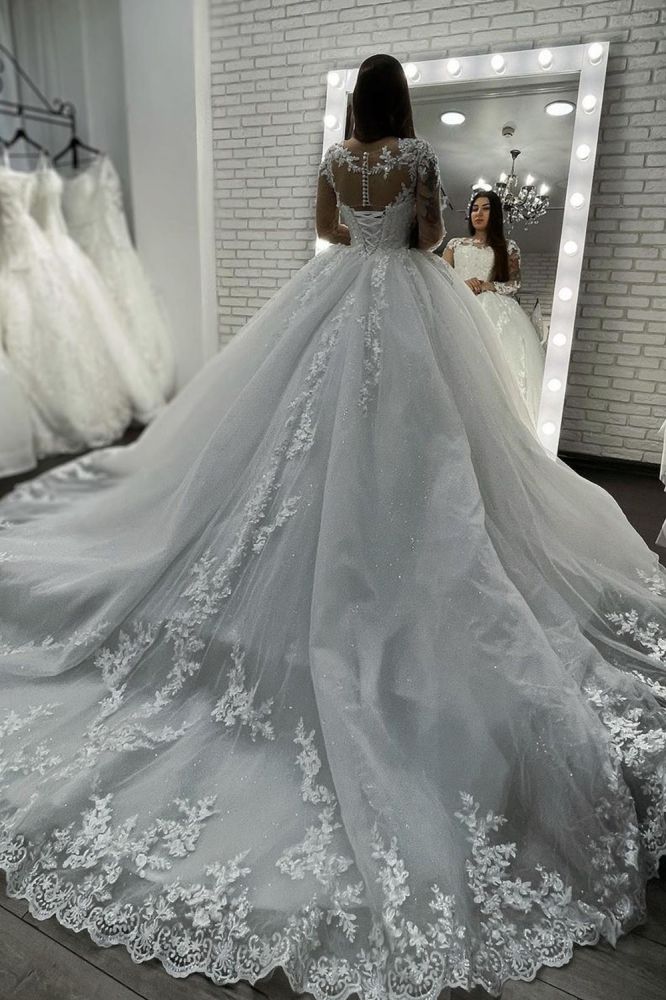 Long Sleevess Lace Appliques Tulle Wedding Gown White Garden Aline Spring Bridal Gown Long Sleevess Lace Appliques Tulle Wedding Gown White Garden Aline Spring Bridal Gown