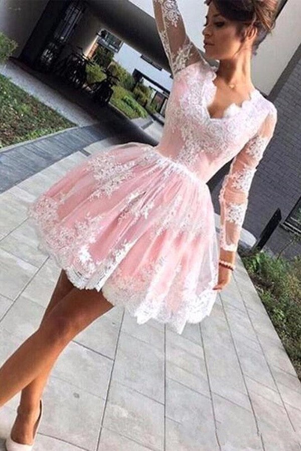 Long Sleevess Lace Pink Back to school V-neck Puffy Homecoming Dress comes in all sizes and colors from Tulle to A-line Mini skirts. Shop a selection of Long Sleevess Prom Dresses, Homecoming Dresses for your big day.