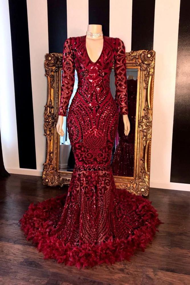 Long Sleevess V-neck Beading Patterns Long Mermaid Prom Gowns-Ballbella