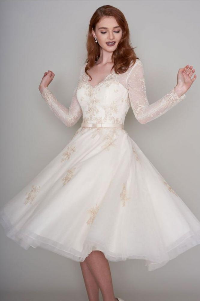 short ivory wedding dress with sleeves Alie Street Lila Wedding Dress Short Ivory