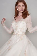 Long Sleevess V neck Ivory Short Lace Summer Wedding Dress-Ballbella
