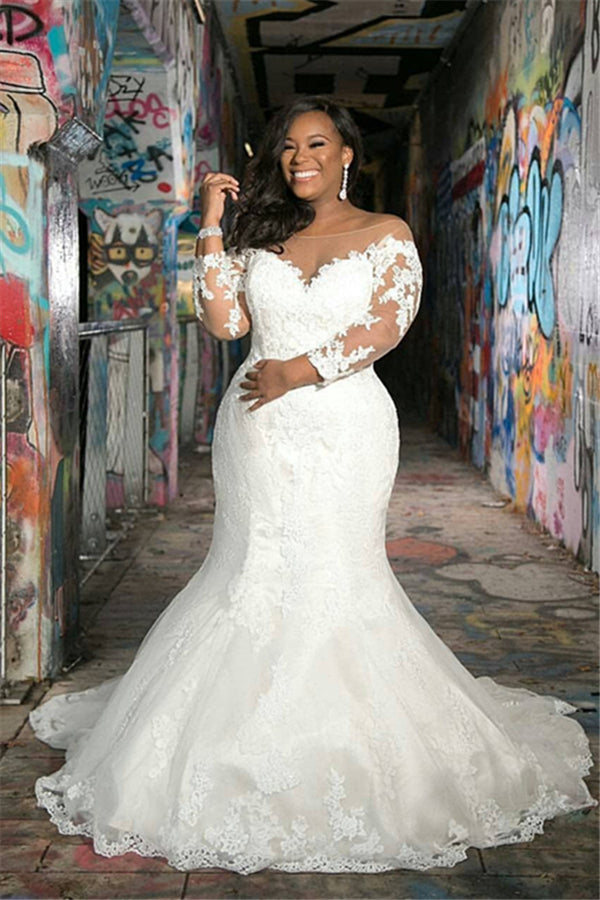 Long Sleevess V neck Plus size Mermaid Bridal gowns for Wedding-Ballbella