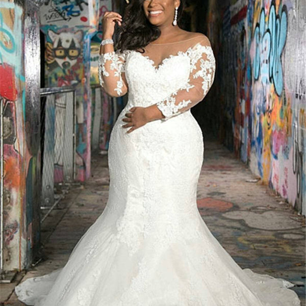 Long Sleevess V neck Plus size Mermaid Bridal gowns for Wedding
