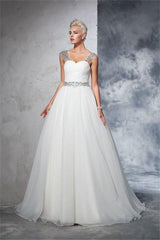 Long Tulle Ball Gown Straps Ruched Sleeveless Wedding Dresses-Ballbella