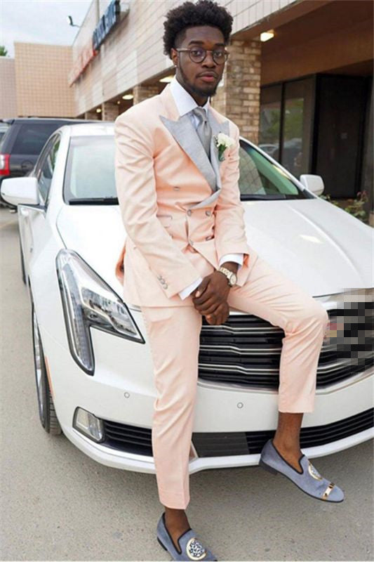 Lovely Blushing Pink Double Breasted Peaked Lapel Prom Outfits for Guys-Ballbella