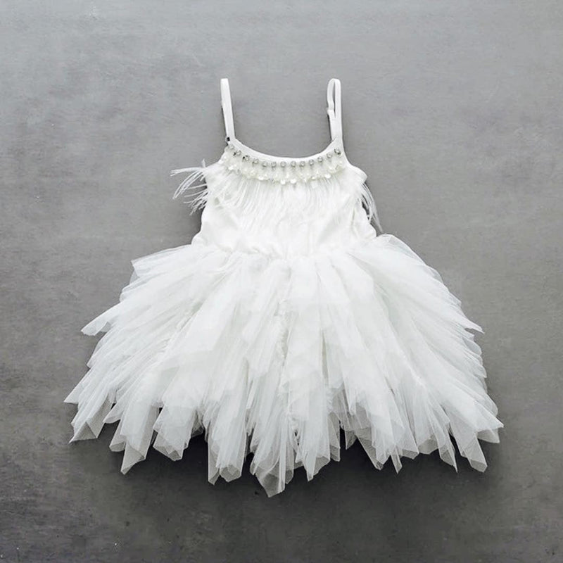 Lovely Boho Tea Length Spaghetti Straps Short Flower Girl Dresses with Feather-Ballbella