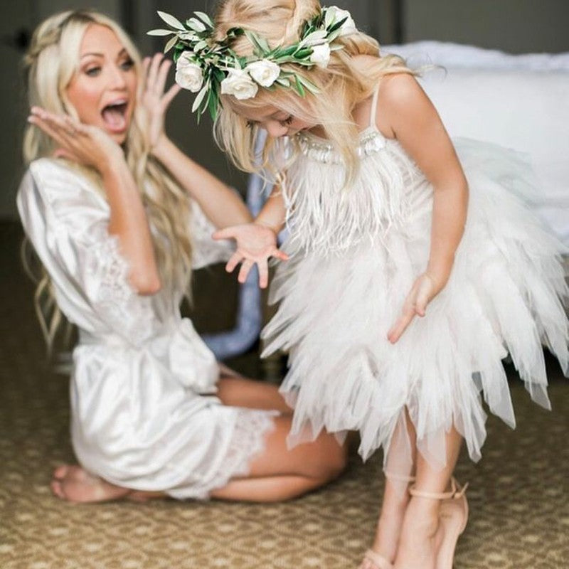 Lovely Boho Tea Length Spaghetti Straps Short Flower Girl Dresses with Feather, 2