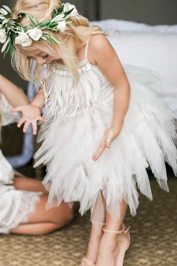 Lovely Boho Tea Length Spaghetti Straps Short Flower Girl Dresses with Feather, 2