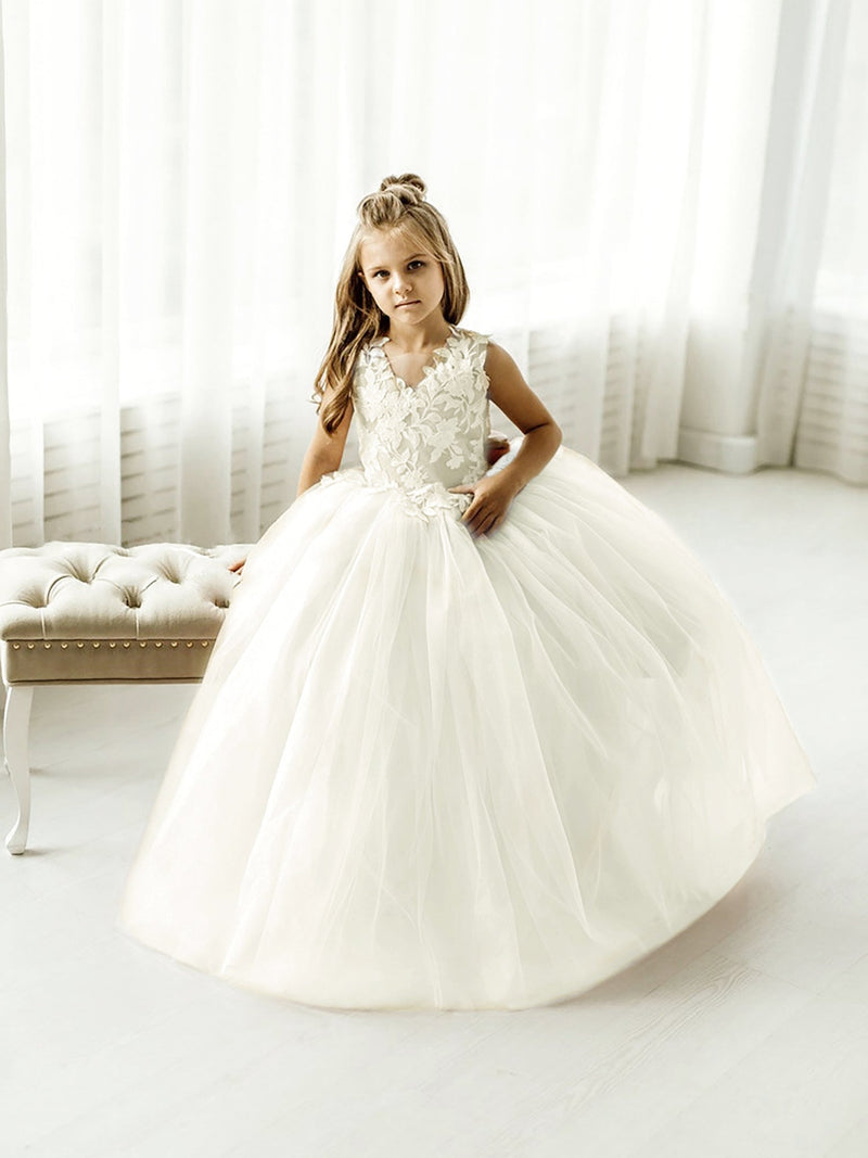 Lovely Puffy Sleeveless Flower Girl Dresses Lace Appliqued Lovely Puffy Sleeveless Flower Girl Dresses Lace Appliqued