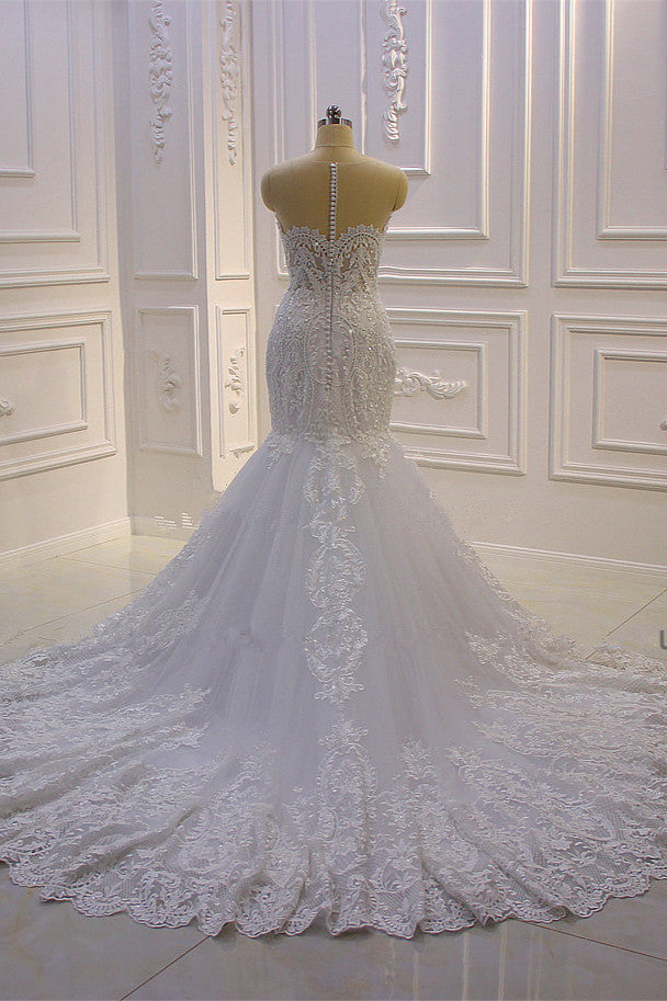 Finding a dress in Tulle, Mermaid style, and delicate Lace,Beading,Appliques work? Ballbella custom made you this Luxurious 3D Lace Applique High Neck Tulle Mermaid Wedding Dress at factory price.