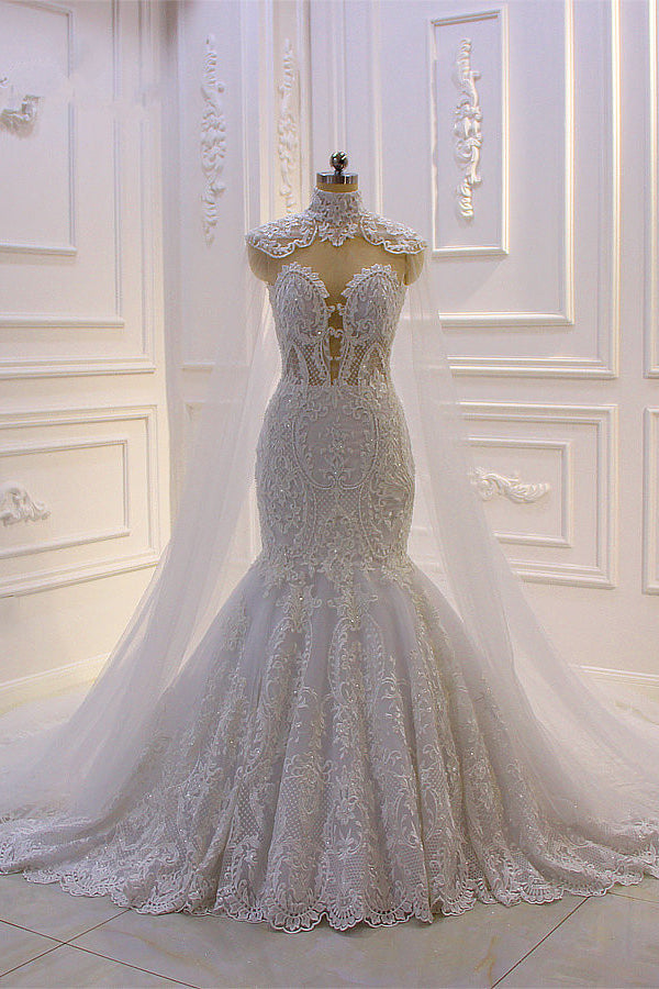 Collar Short Sleeve Mermaid Wedding Dress Slim Floral Lace Bridal