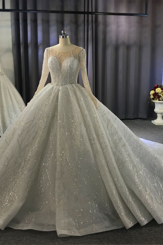 Luxurious Ball Gown Long Sleeves Crystal Beading Wedding Dress A line Classic-Ballbella