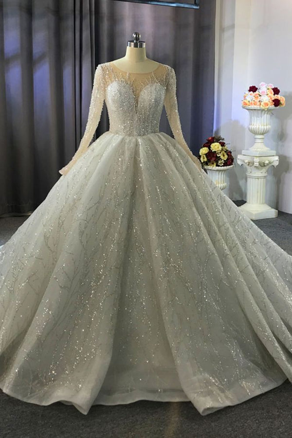 Luxurious Ball Gown Long Sleeves Crystal Beading Wedding Dress A line Classic Luxurious Ball Gown Long Sleeves Crystal Beading Wedding Dress A line Classic