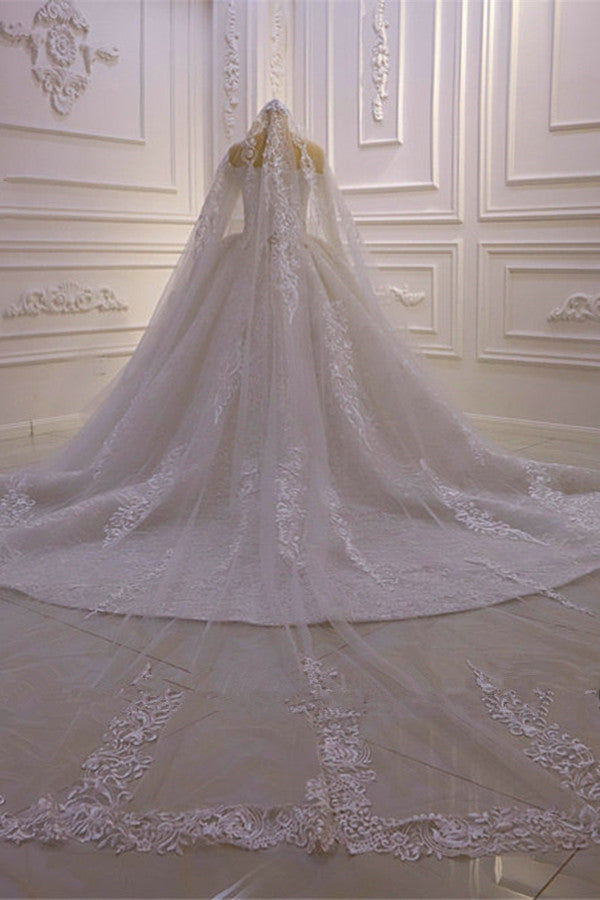 Luxurious Ball Gown Long Sleevess 3D Lace Sweetheart Long Wedding Dresses-Ballbella