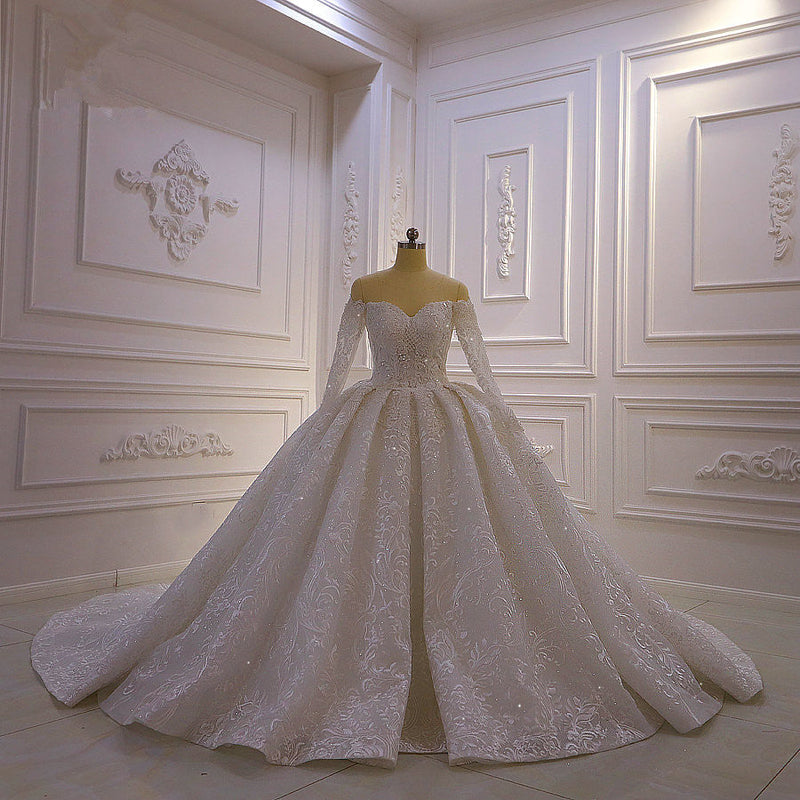 Finding a dress in Tulle, Ball Gown style, and delicate Lace,Beading,Appliques,Ruffless work? Ballbella custom made you this Luxurious Ball Gown Long Sleevess 3D Lace Sweetheart Long Wedding Dresses at factory price.