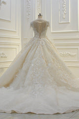 Luxurious Ball Gown Long Sleevess Lace Applqiues Beadings Wedding Dress-Ballbella