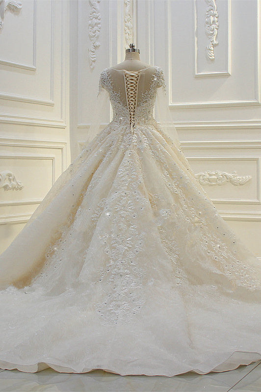 Luxurious Ball Gown Long Sleevess Lace Applqiues Beadings Wedding Dress-Ballbella