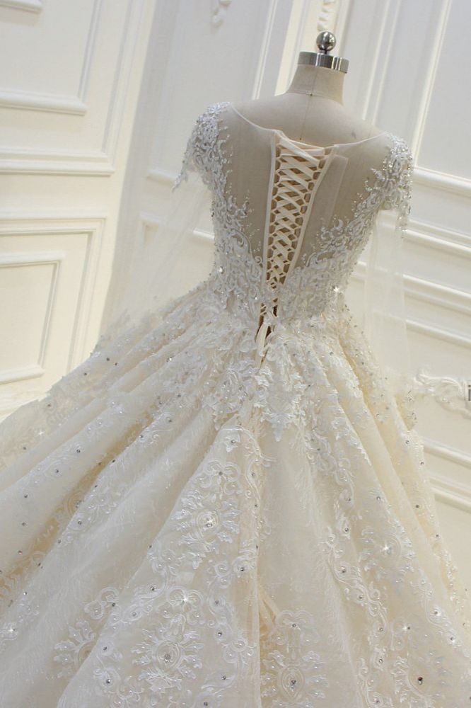 Luxurious Ball Gown Long Sleevess Lace Applqiues Beadings Wedding Dress-Ballbella
