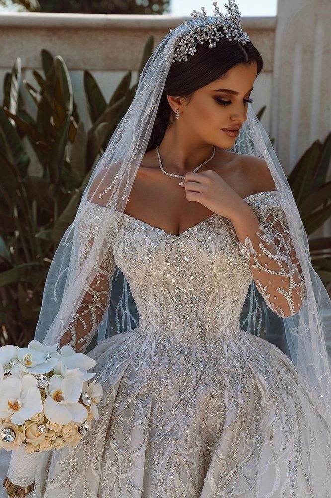 Luxurious Ball Gown Sequins Bridal Dress Long Sleeves Satin Maxi Dress-Ballbella