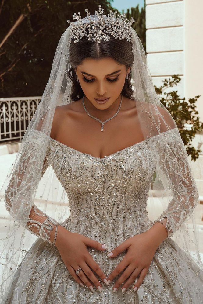 Luxurious Ball Gown Sequins Bridal Dress Long Sleeves Satin Maxi Dress-Ballbella