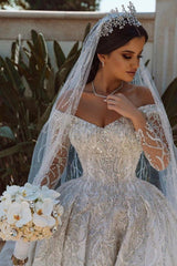 Luxurious Ball Gown Sequins Bridal Dress Long Sleeves Satin Maxi Dress-Ballbella