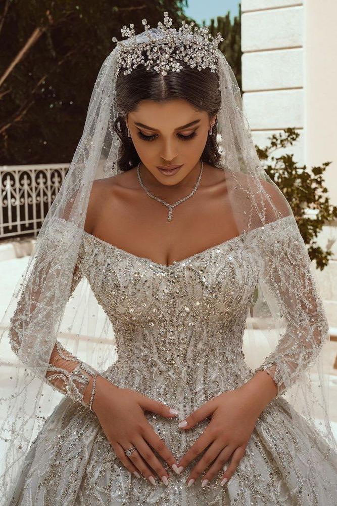 Luxurious Ball Gown Sequins Bridal Dress Long Sleeves Satin Maxi Dress-Ballbella