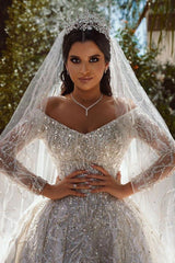 Luxurious Ball Gown Sequins Bridal Dress Long Sleeves Satin Maxi Dress-Ballbella