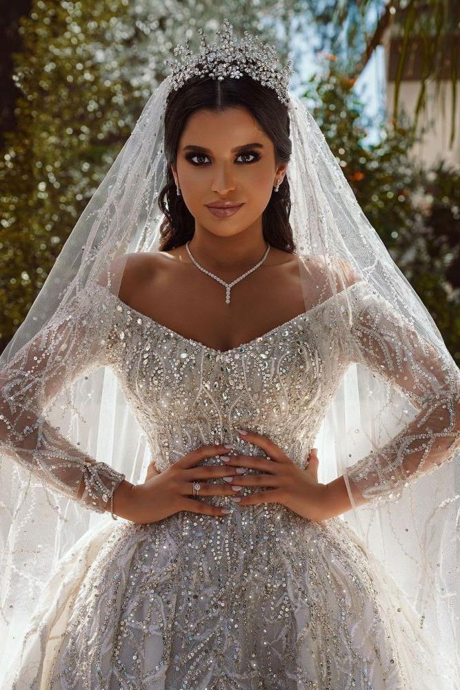 Luxurious Ball Gown Sequins Bridal Dress Long Sleeves Satin Maxi Dress-Ballbella
