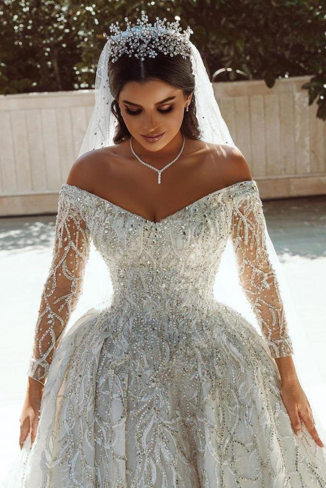 Luxurious Ball Gown Sequins Bridal Dress Long Sleeves Satin Maxi Dress-Ballbella