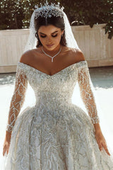 Luxurious Ball Gown Sequins Bridal Dress Long Sleeves Satin Maxi Dress-Ballbella