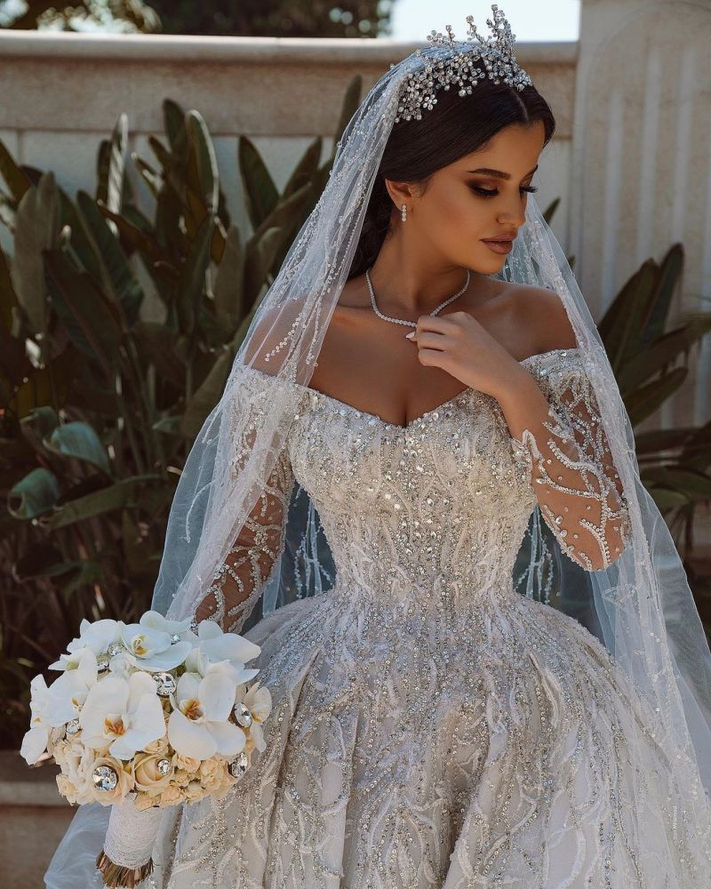 Luxurious Ball Gown Sequins Bridal Dress Long Sleeves Satin Maxi Dress ...