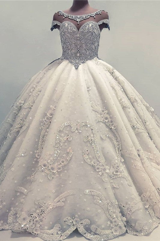 Luxurious Ball Gown Wedding Dresses Shiny Crystals Bridal Gowns with Flowers-Ballbella