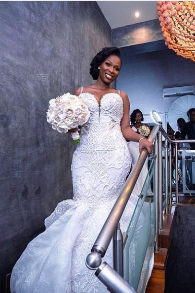 Luxurious Beaded Lace Mermaid Sweetheart Wedding Dresses Spaghetti Straps Appliques Bridal Gowns-Ballbella