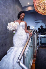 Luxurious Beaded Lace Mermaid Sweetheart Wedding Dresses Spaghetti Straps Appliques Bridal Gowns-Ballbella