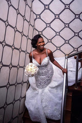 Luxurious Beaded Lace Mermaid Sweetheart Wedding Dresses Spaghetti Straps Appliques Bridal Gowns-Ballbella