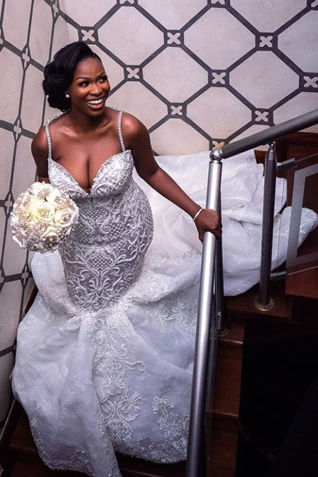Luxurious Beaded Lace Mermaid Sweetheart Wedding Dresses Spaghetti Straps Appliques Bridal Gowns-Ballbella