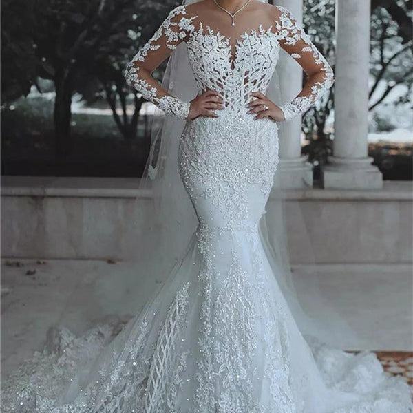 Luxurious Beaded Lace Mermaid Wedding Dresses with Sleeves Sheer Tulle Appliques Bridal Gowns Luxurious Beaded Lace Mermaid Wedding Dresses with Sleeves Sheer Tulle Appliques Bridal Gowns
