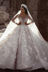 Luxurious Beading Floral Bridal Gowns Sheer Neck Long Sleevess Ball Gown Wedding Dresses-Ballbella