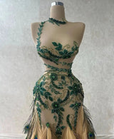 Luxurious Beadings Peacock Feather Mermaid Long Evening Gowns-Ballbella