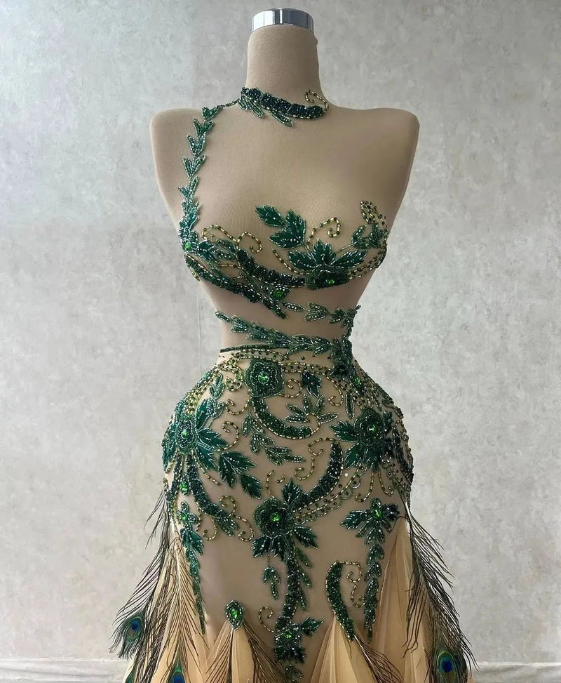 Luxurious Beadings Peacock Feather Mermaid Long Evening Gowns-Ballbella