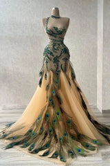 Luxurious Beadings Peacock Feather Mermaid Long Evening Gowns-Ballbella