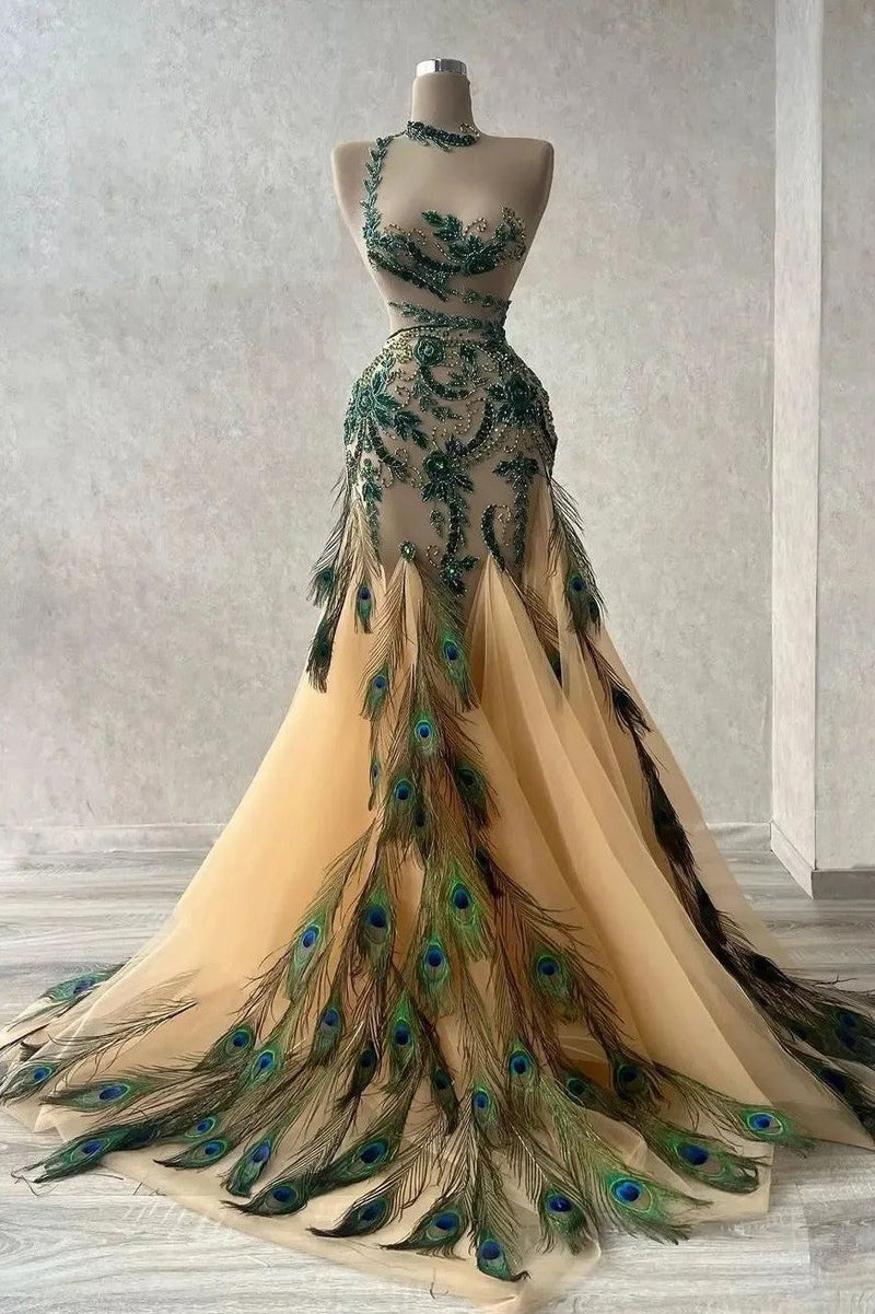 Luxurious Beadings Peacock Feather Mermaid Long Evening Gowns-Ballbella
