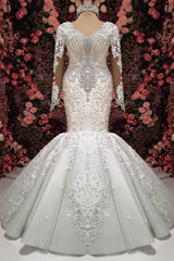 Luxurious Crystals Mermaid Bridal Gowns Long Sleevess Chapel Train Wedding Dresses-Ballbella