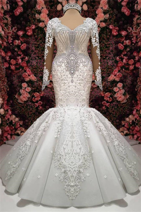 Luxurious Crystals Mermaid Bridal Gowns Long Sleevess Chapel Train Wedding Dresses-Ballbella