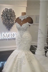 Luxurious Crystals Mermaid Wedding Dresses Off the Shoulder Appliques Bridal Gowns-Ballbella