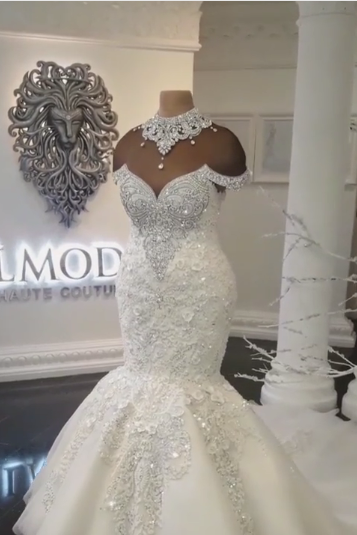 Luxurious Crystals Mermaid Wedding Dresses Off the Shoulder Appliques Bridal Gowns-Ballbella
