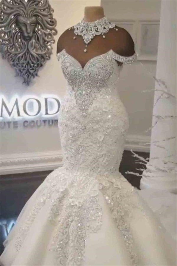 Luxurious Crystals Mermaid Wedding Dresses Off the Shoulder Appliques Bridal Gowns-Ballbella