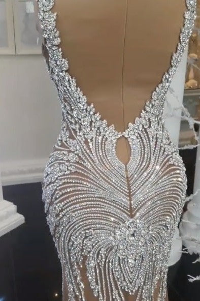 Luxurious Crystals Mermaid Wedding Dresses V Neck Backless Champagne Bridal Gowns-Ballbella
