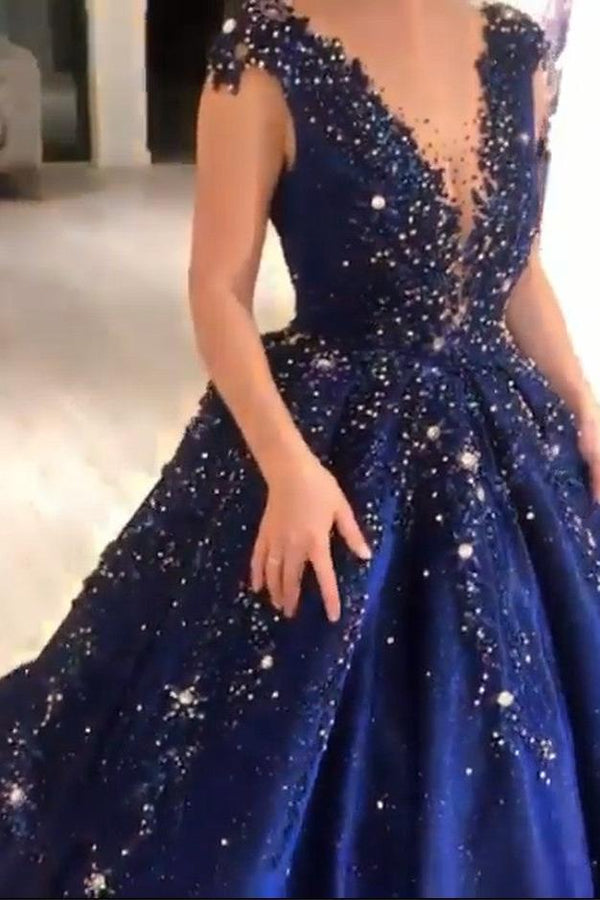 Luxurious Dark Navy Deep V-neck Cap sleeves Ball Gown Sparkle Beaded Prom Dresses-Ballbella