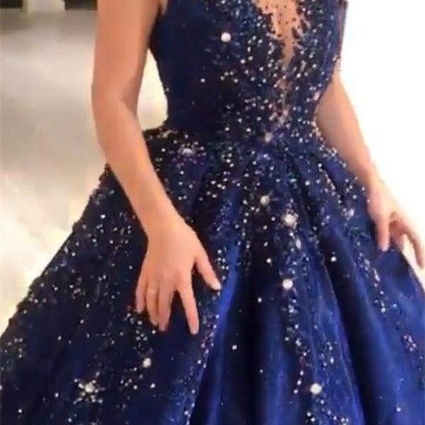 Luxurious Dark Navy Deep V-neck Cap sleeves Ball Gown Sparkle Beaded P Ballbella Luxurious Dark Navy Deep V-neck Cap sleeves Ball Gown Sparkle Beaded P Ballbella